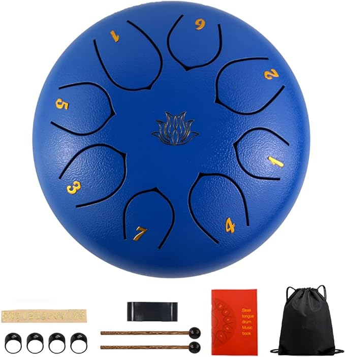 Eavnbaek Steel Tongue Drum 6 Inch 8 Note Steel Hand Drum with Bag, Music Book, Drumsticks, Mallet Holder and Finger Paddles, for Camping, Meditation or Yoga (Black)