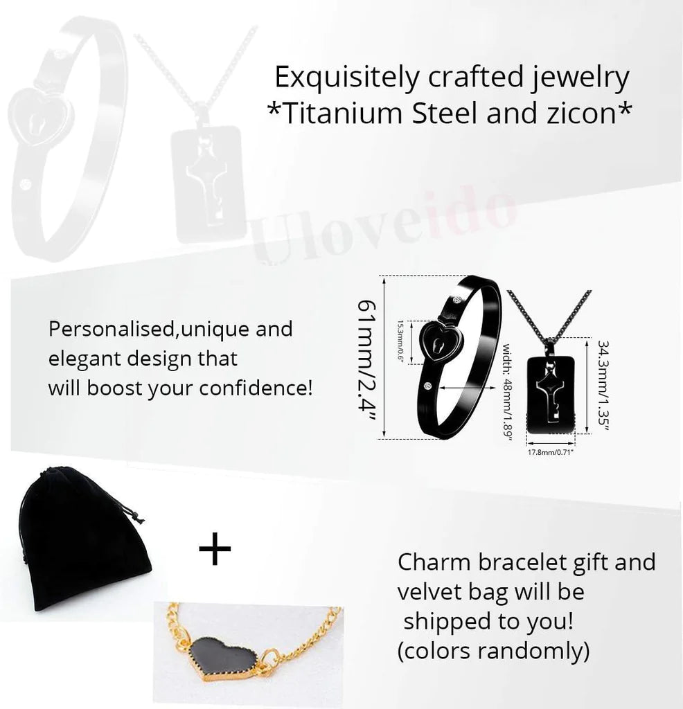 Tobestu Titanium Stainless Steel Lock Bangle Bracelet with Key Pendant Necklace Set Romantic Valentines Gifts for Boyfriend and Girlfriend