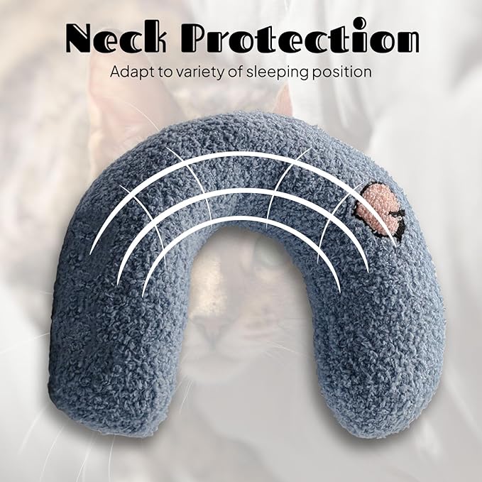 Petchoy Calming Pillow for Cats Kitten Neck Protector Cat Dog Deep Sleep U-Shaped Pillow Pet Sleeping Pillow Soft Headrest Pet Supplies (Blue Pillow)